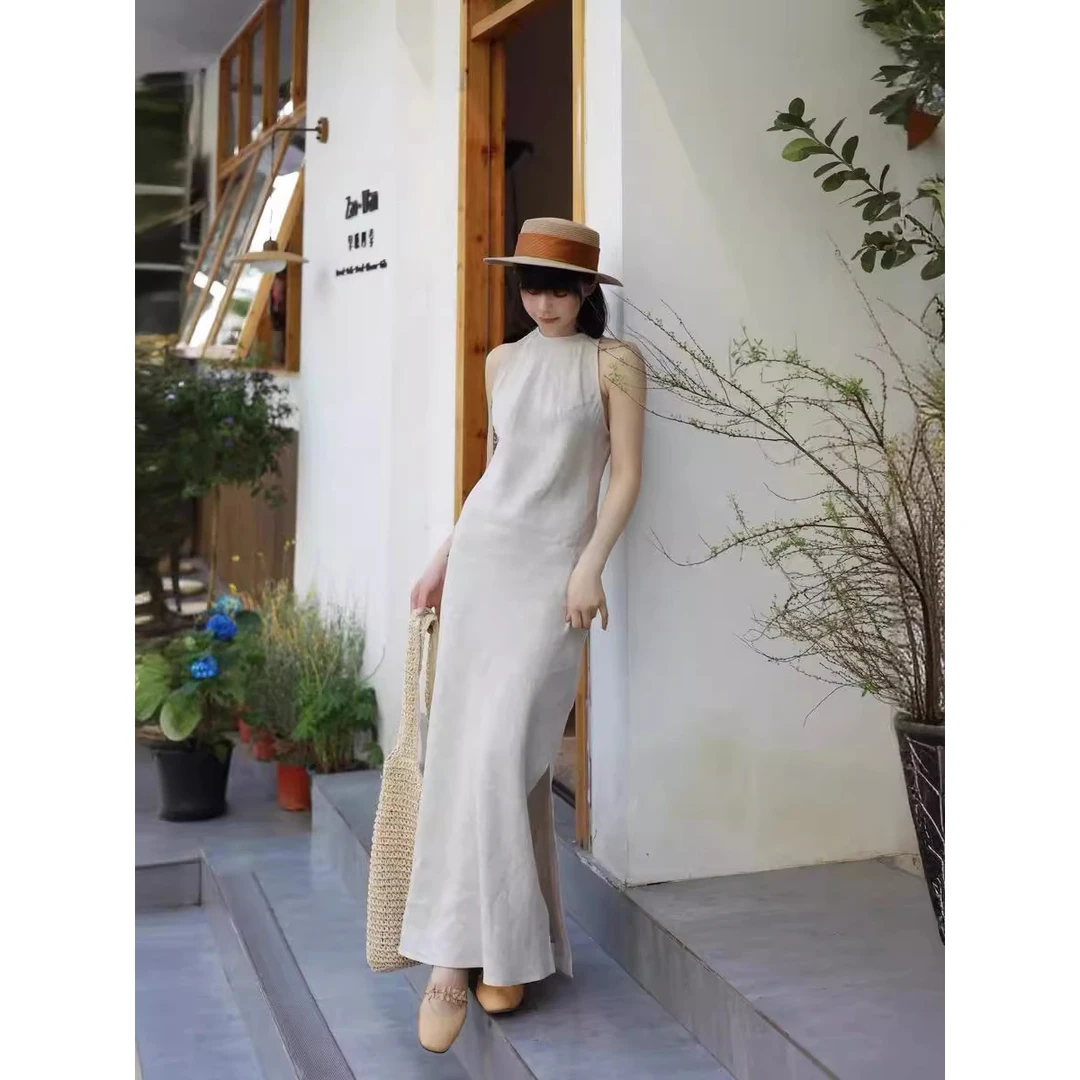 2025度斜裁高支荃亚麻新中式清冷感无袖连衣裙气质背心裙显瘦白色