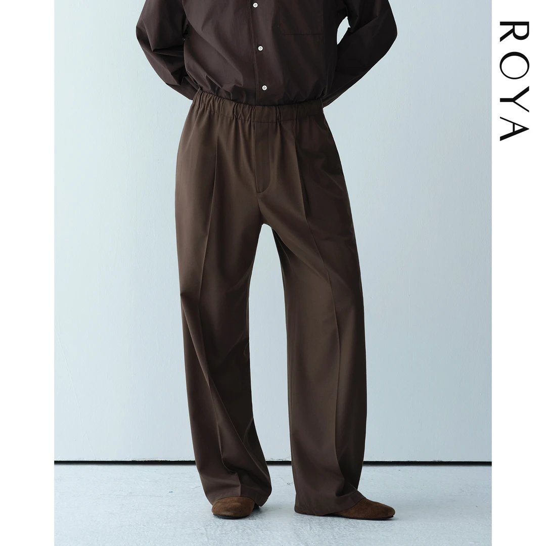 ROYA |进口羊毛超精细混纺内收抽绳阔腿松紧腰慵懒直筒羊毛西裤