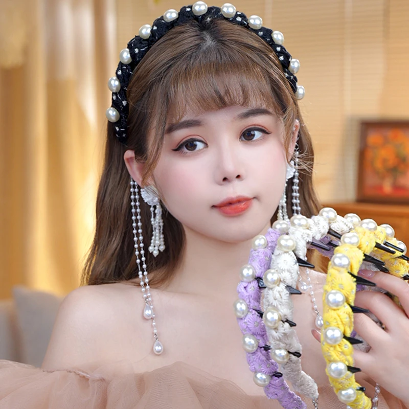 曼丁蜜菊珍珠花朵波浪状流苏可拆卸文艺手工发箍高颅顶田园风发饰