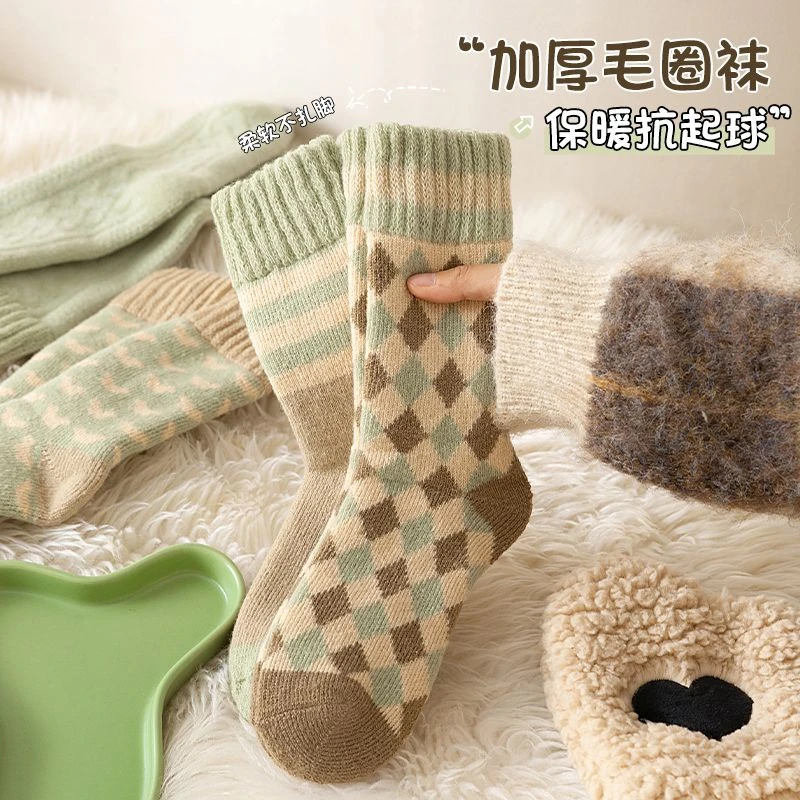 【5双】加厚袜子女中筒袜秋冬加绒加厚发热保暖冬天睡眠地板毛圈LW
