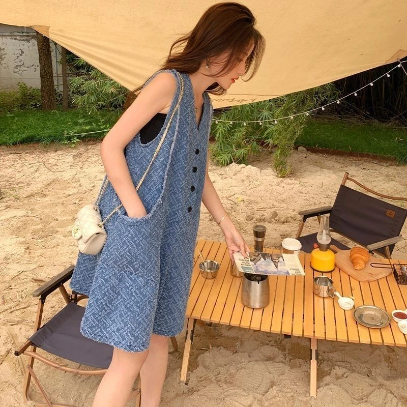 夏季高腰牛仔连体裤女宽松显瘦减龄提花休闲无袖背心背带五分短裤