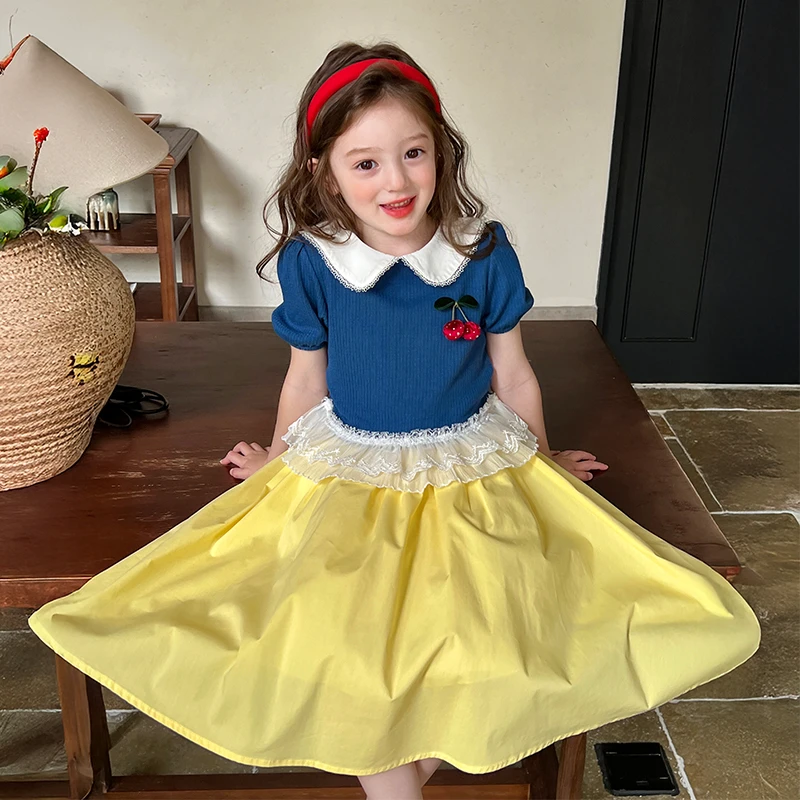 栀了成长记童装女童白雪公主套装儿童小女孩娃娃领蕾丝针织衫上衣