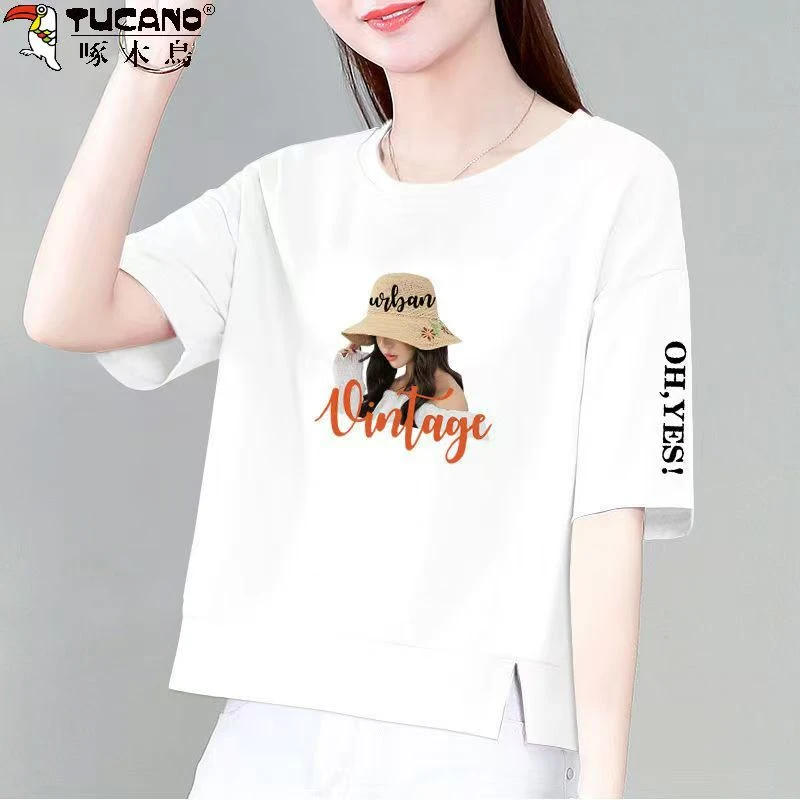 啄木鸟100%纯棉薄款夏季短袖卫衣女韩版显瘦宽松时尚开叉体恤衫潮