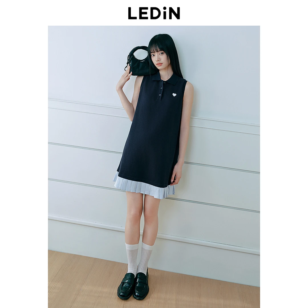 乐町A字针织连衣裙女2025年夏季新款下摆拼接假两件通勤短款裙子