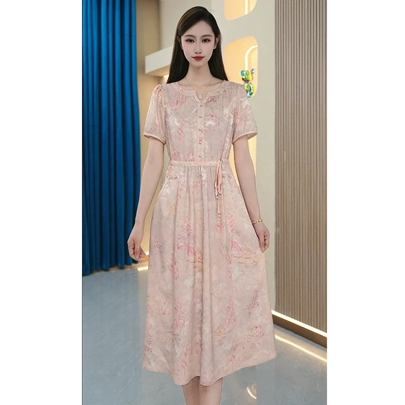 【HT-X135】2025年新款夏款妈妈休闲时尚气质款轻薄连衣裙