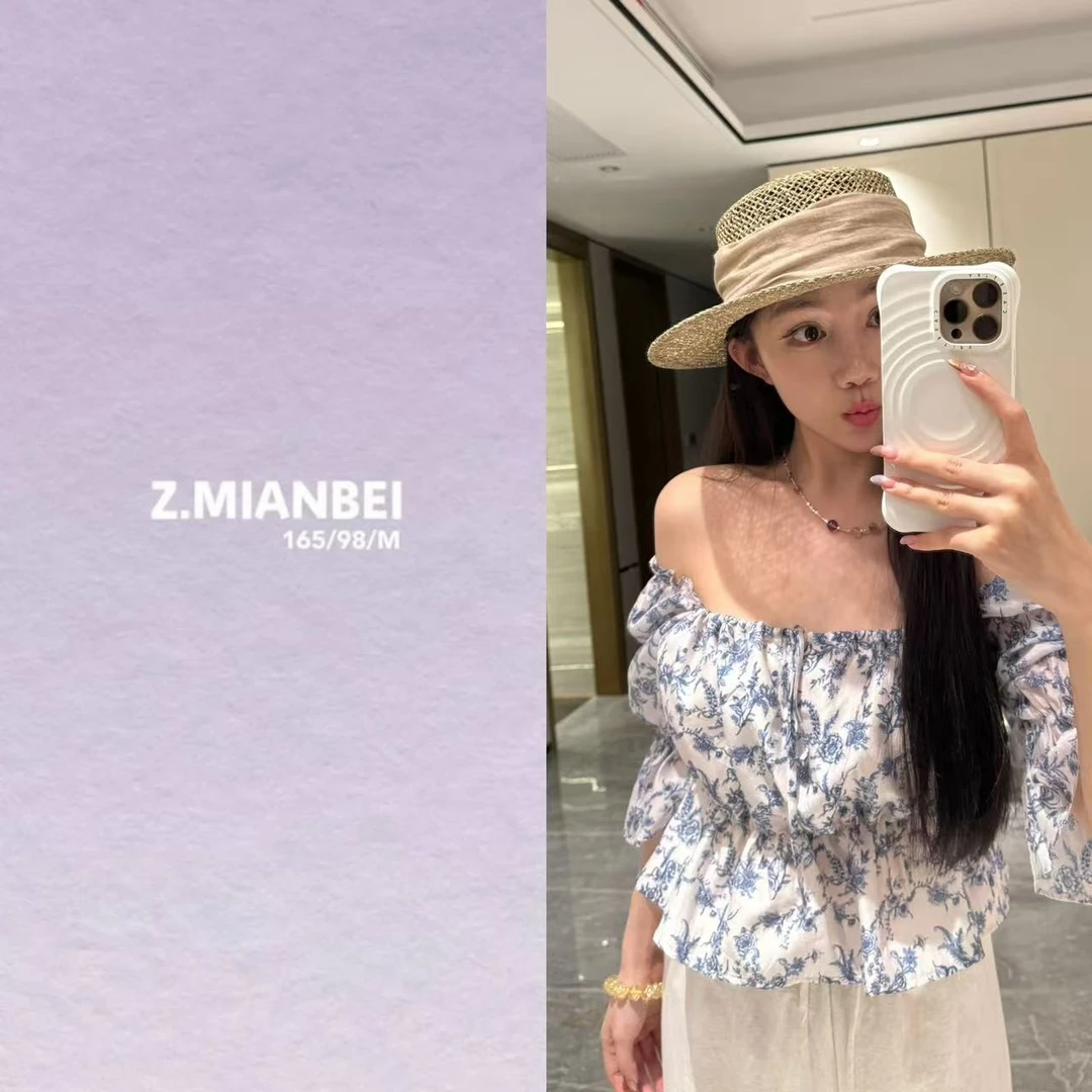 张棉被【青花】法式碎花高级感短款泡泡袖雪纺衬衣甜甜韩系女装