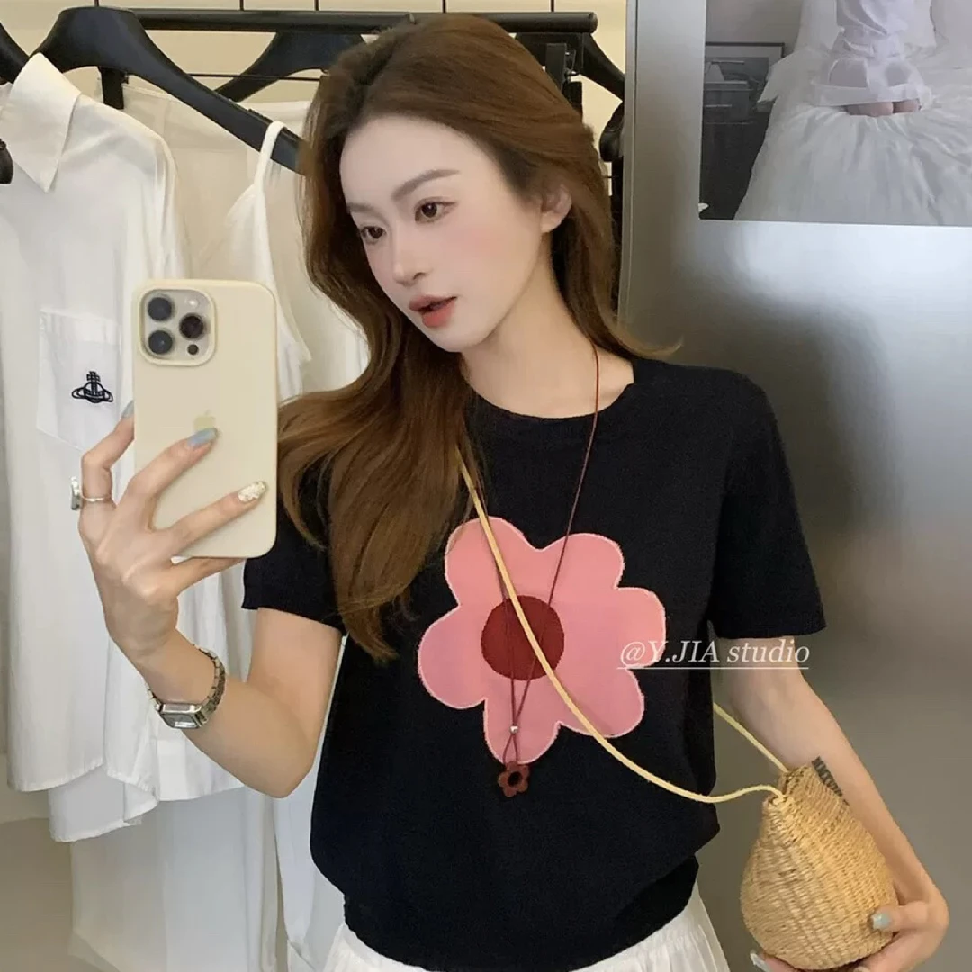 短袖法式女圆领薄款夏季毛针织衫春夏女装时尚慵懒风-1365