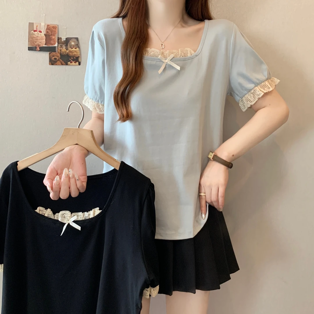 大码胖mm法式蕾丝花边蝴蝶结设计感拼接短袖显瘦百搭上衣