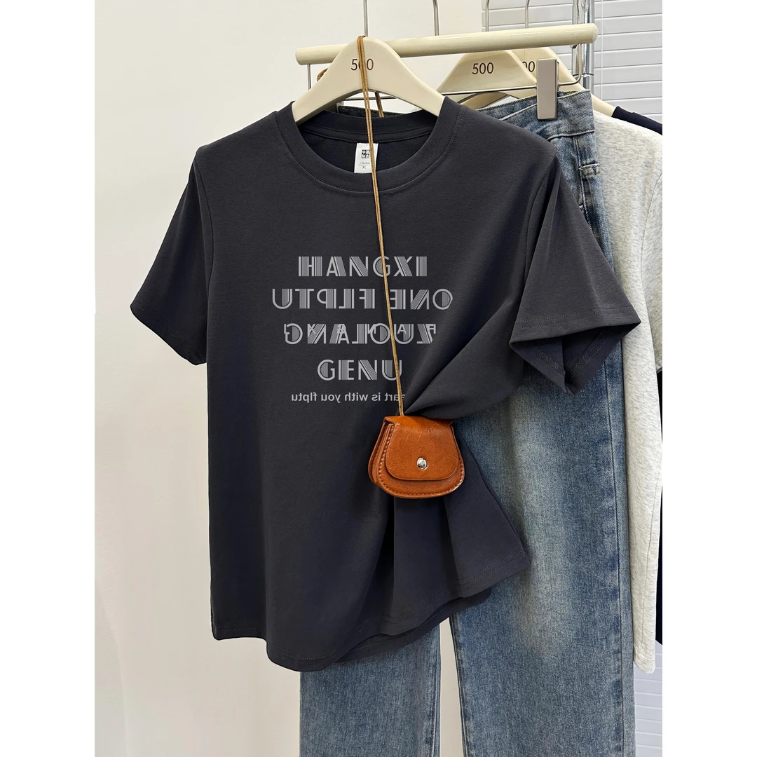 百搭显瘦正肩短袖T恤女2025夏季新款印花胖mm大码遮肉圆领上衣