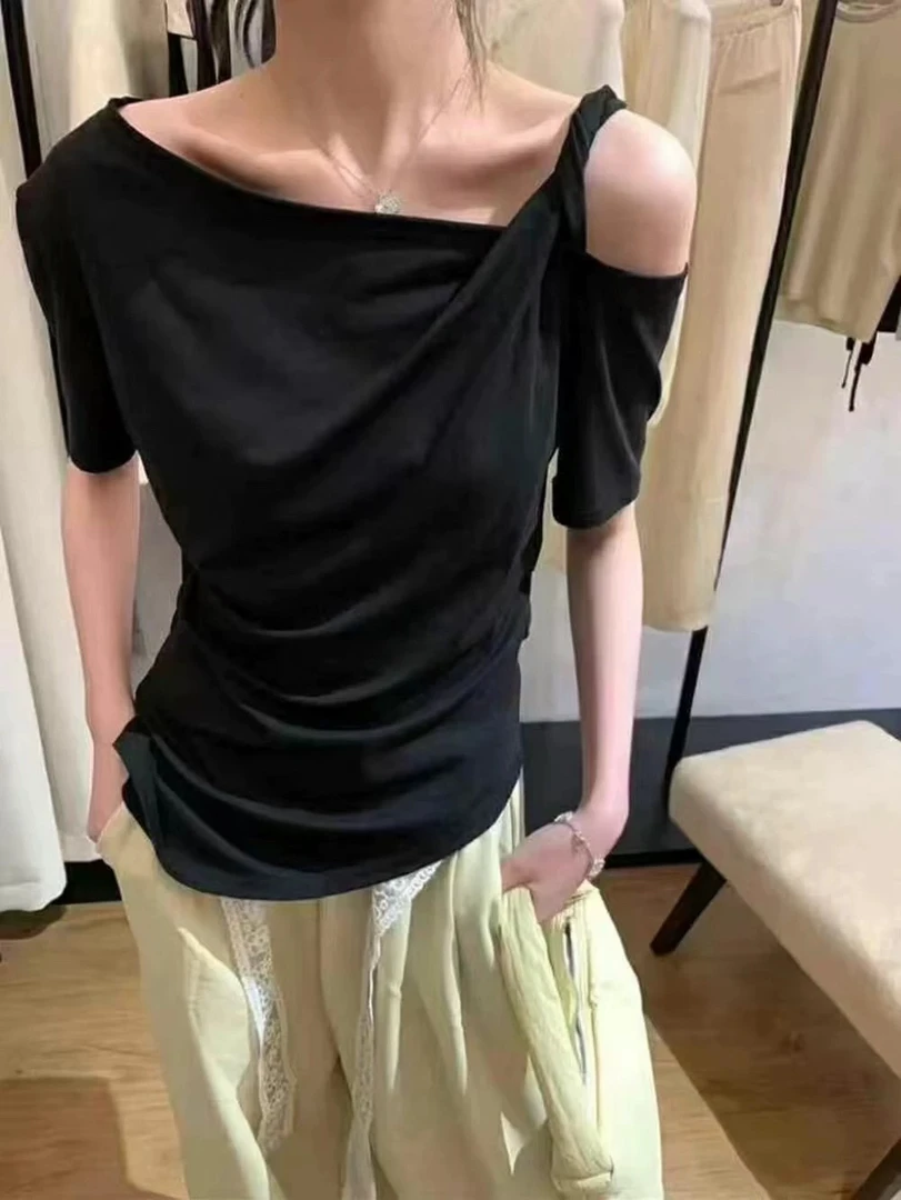 E念2898夏季新款韩版时尚设计感一字领露肩条纹短袖T恤女显瘦上衣