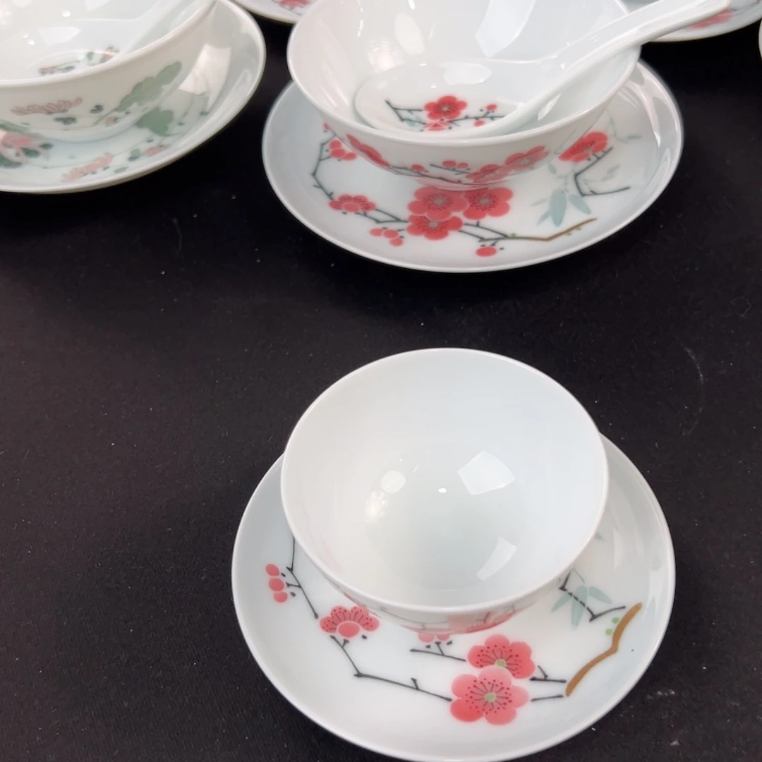 天***情玉泥 红梅咖啡杯碟，微瑕