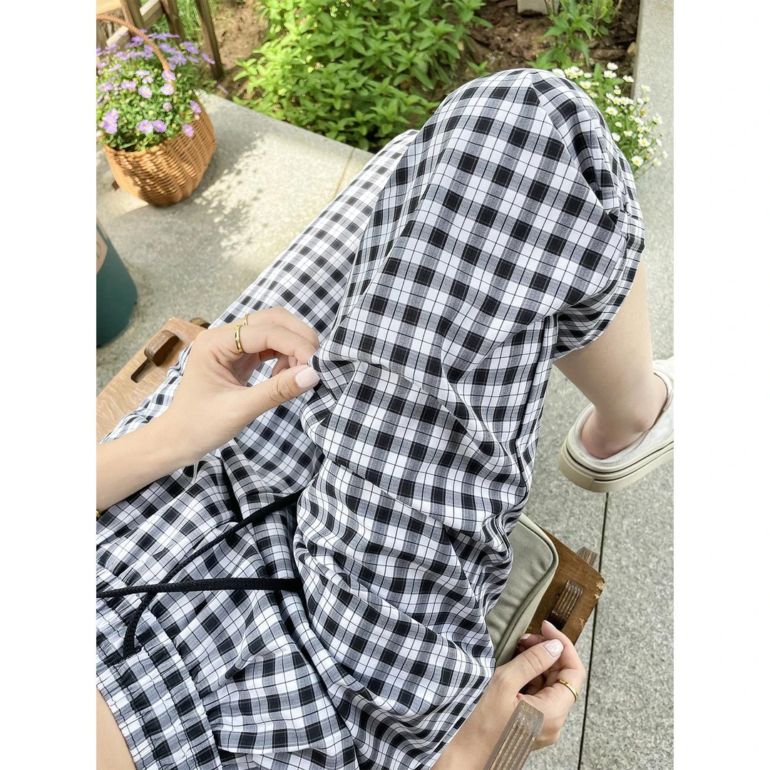 冰丝黑白格子裤女夏季薄款2025新款小个子八分直筒萝卜哈伦休闲裤