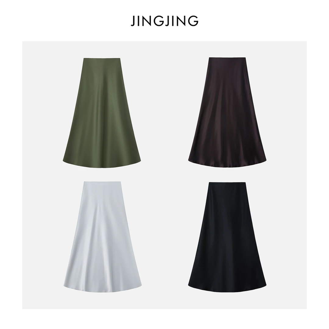 JINGJING2025新款“醋酸裙”100醋酸丝滑缎面松紧腰设计半身裙