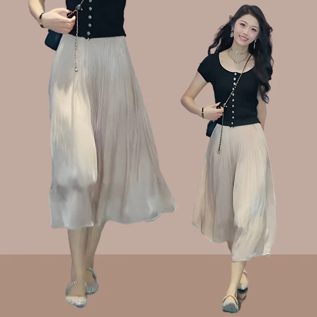 流光纱半身裙女夏季2025大码中长款百搭显瘦气质伞裙子仙女百褶裙