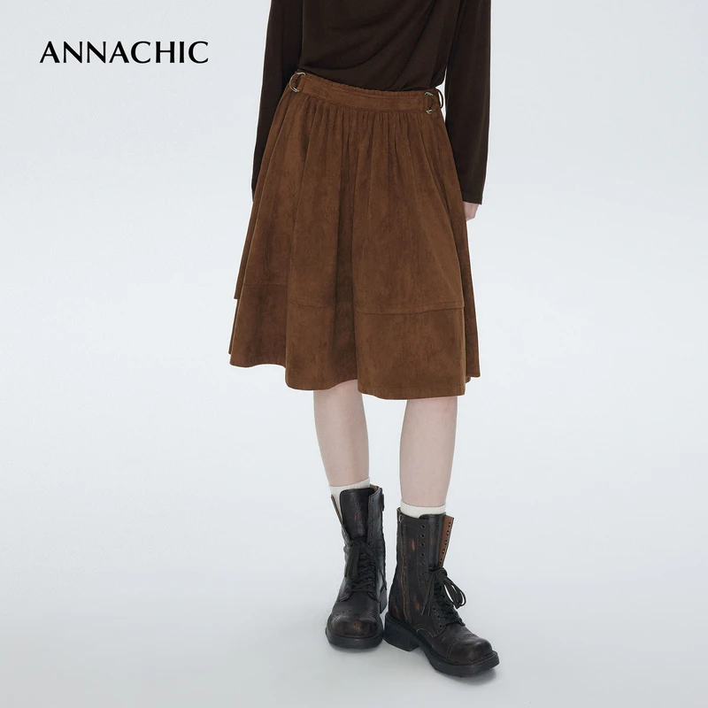 ANNACHIC时髦老钱_复古仿鹿皮绒花苞半身裙/遮肉显瘦A摆中裙伞裙