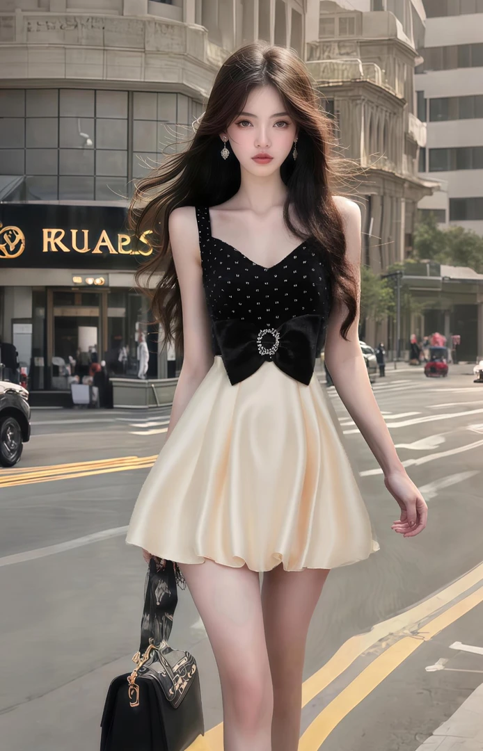 2025夏季新款拼接设计V领温柔风收腰小众轻奢优雅氛围感连衣裙女