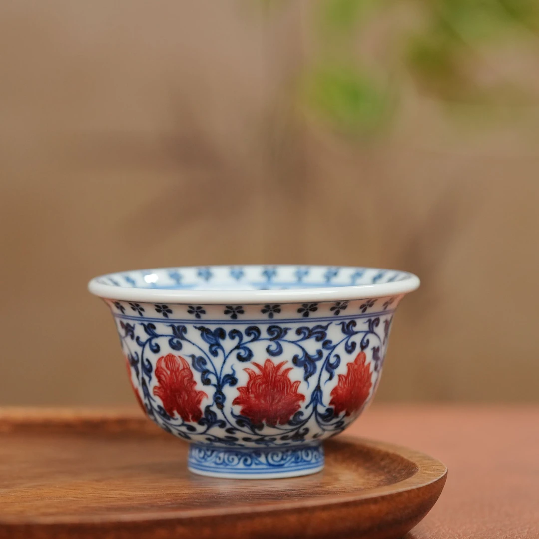 屹朴青花釉里红缠枝莲内外满绘大压手杯YP044纯手工手绘陶瓷