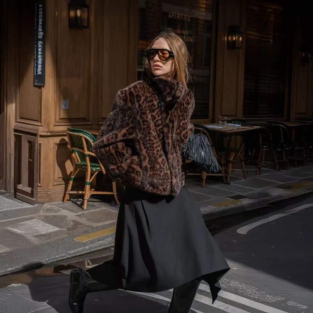 AUDREYWANG 人造皮草 “芬兰暮光”暖绒豹纹外套上衣12896