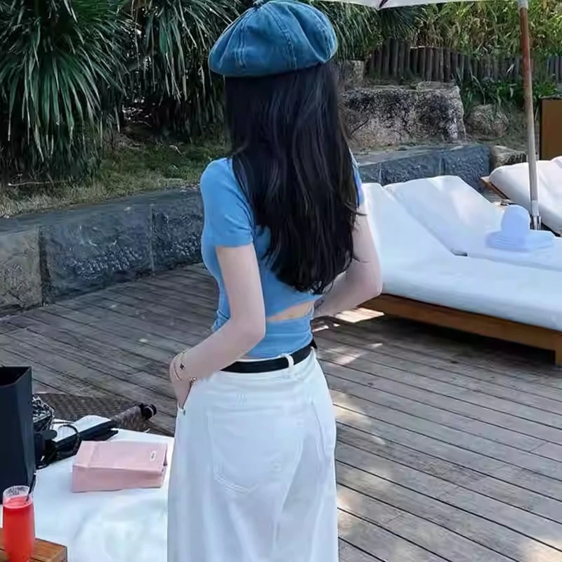 蓝色正肩短袖女t恤夏2025爆款设计感小众U领修身洋气独特别致上衣
