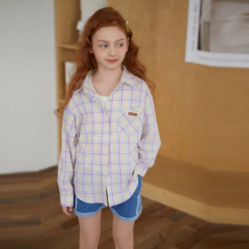 富罗迷女童装春秋季新款时髦洋气青少年百搭长袖格子衬衣F5A7122C