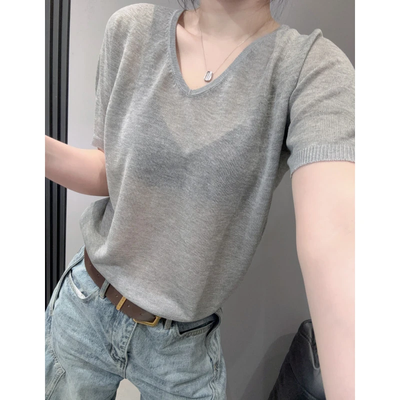 V领冰丝针织衫短袖女遮肚子显瘦宽松百搭简约纯色半袖上衣夏薄款