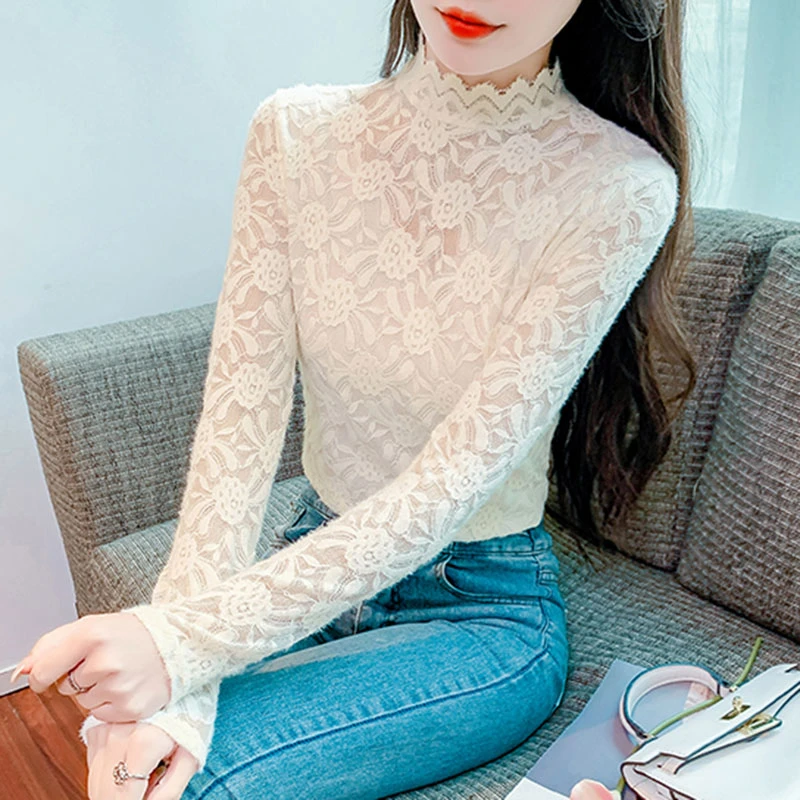 意式百搭套头半高领打底衫蕾丝蕾丝衫修身显瘦长袖