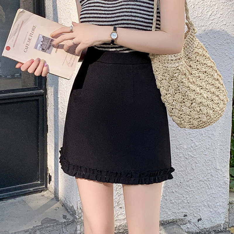 西装半身裙女2025春夏高腰木耳边短裙百搭显瘦a字短裙黑色包臀裙