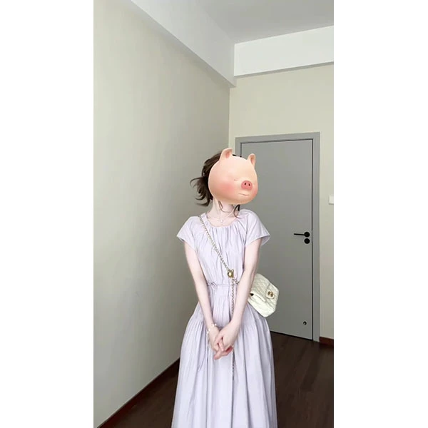 法式简约压褶圆领短袖连衣裙女士夏季百搭显瘦纯色设计感休闲长裙