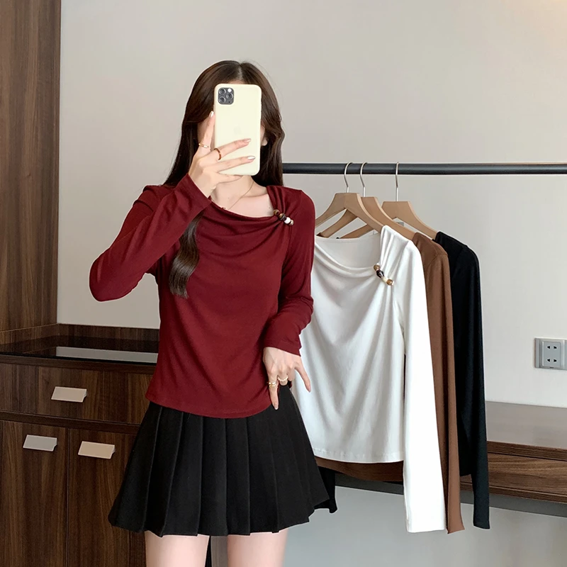 时尚斜领修身显瘦内搭长袖T恤不对称百搭2025秋装新款胖mm大码女