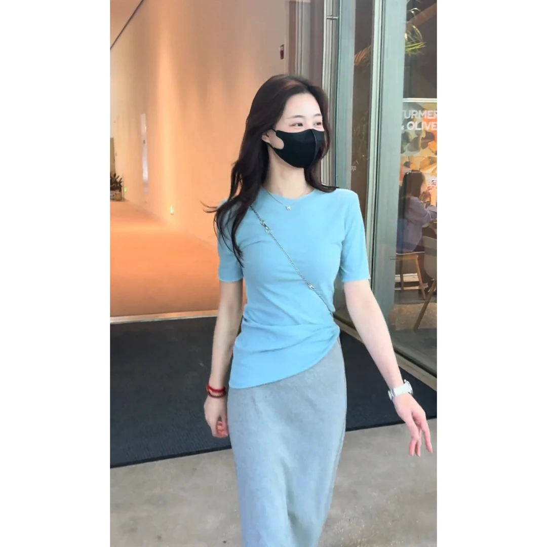 夏季搭配一整套装女气质洋气短袖修身t恤女高腰百搭显瘦半身长裙