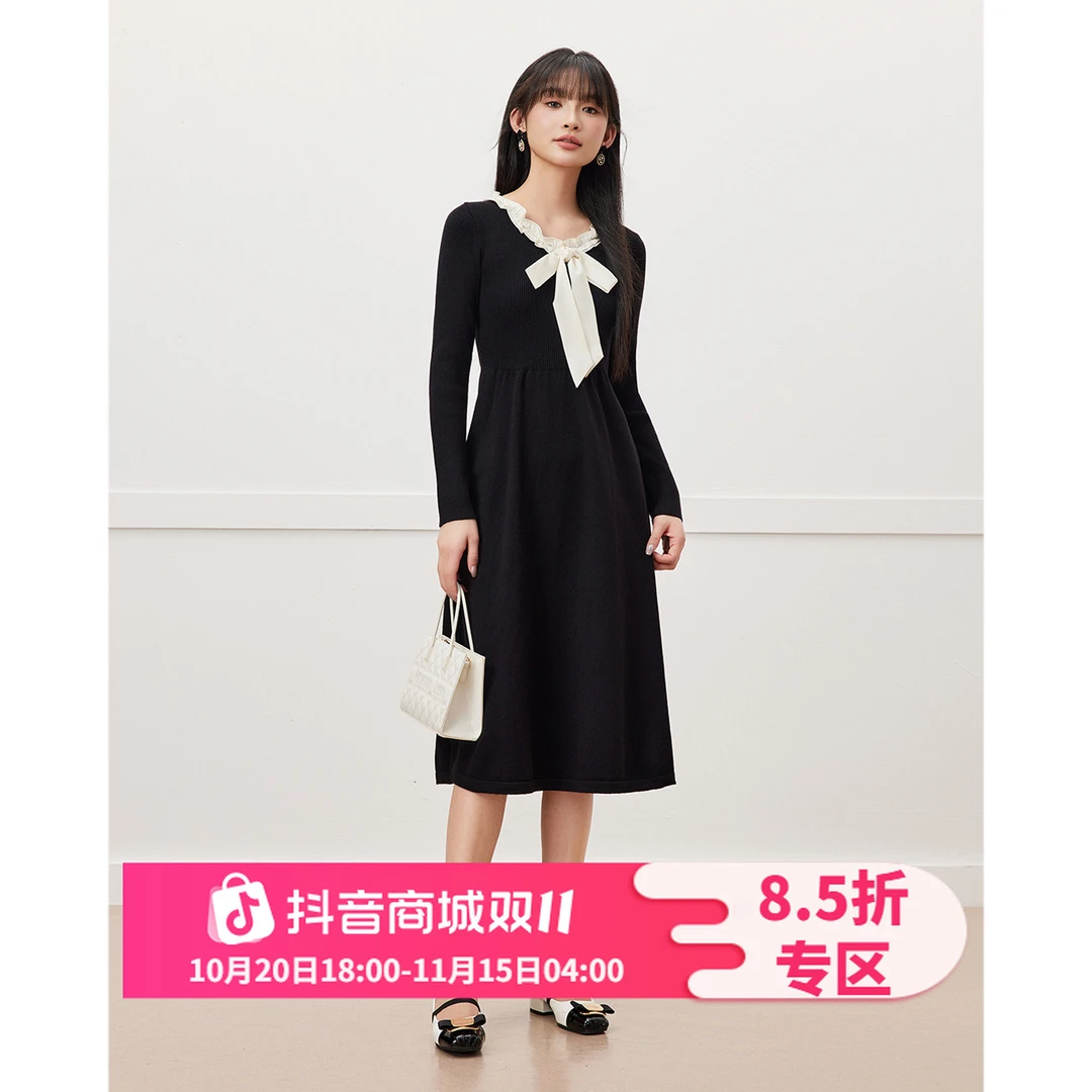 IEF/爱依服2025冬新款蝴蝶结细带法式优雅气质时尚显瘦连衣中裙