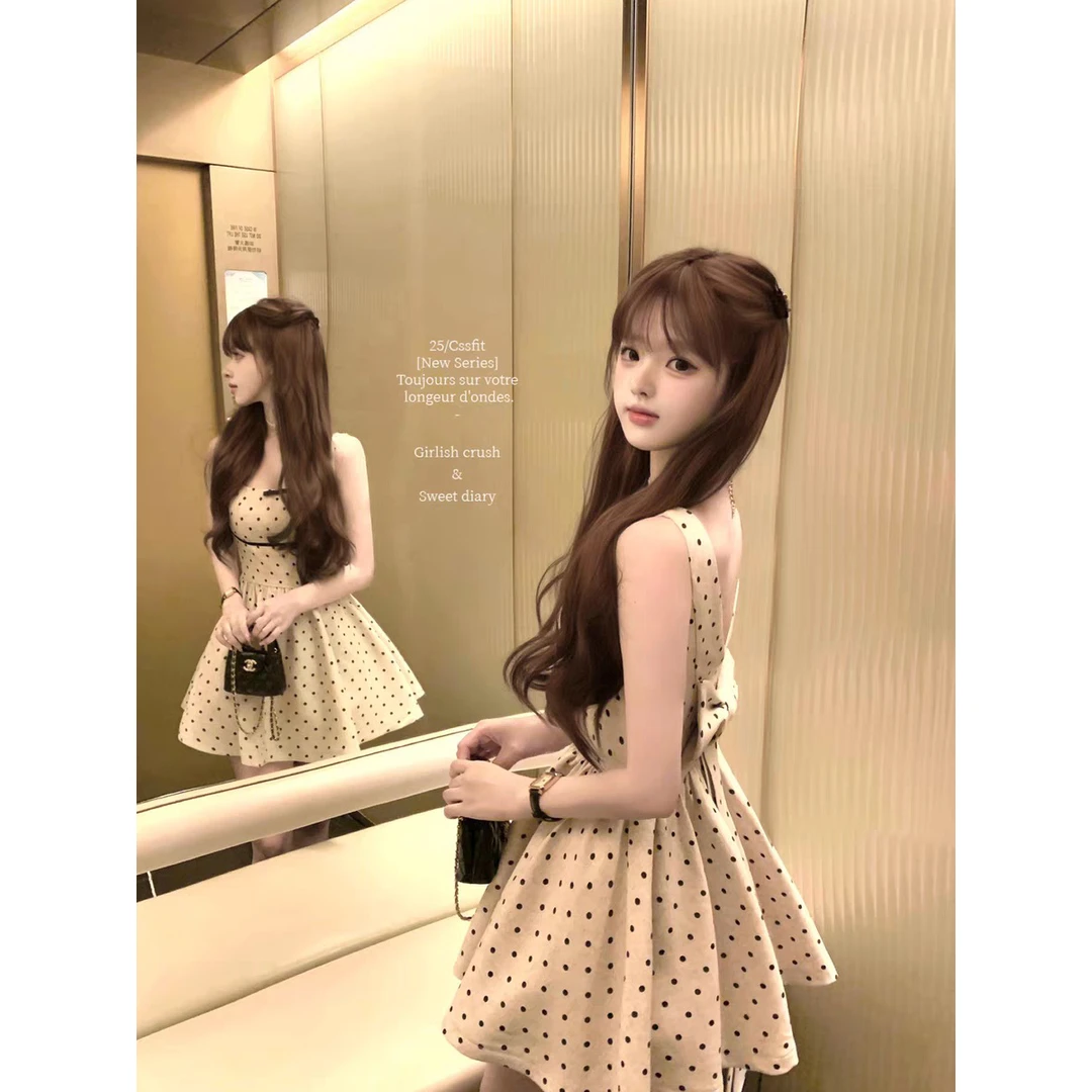 2025年心动波尔卡夏季 波点大蝴蝶结撞色无袖小礼服背心裙短裙女