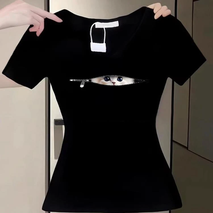 黑色纯棉v领短袖t恤女正肩夏季修身掐腰氛围感独特小上衣2025新款