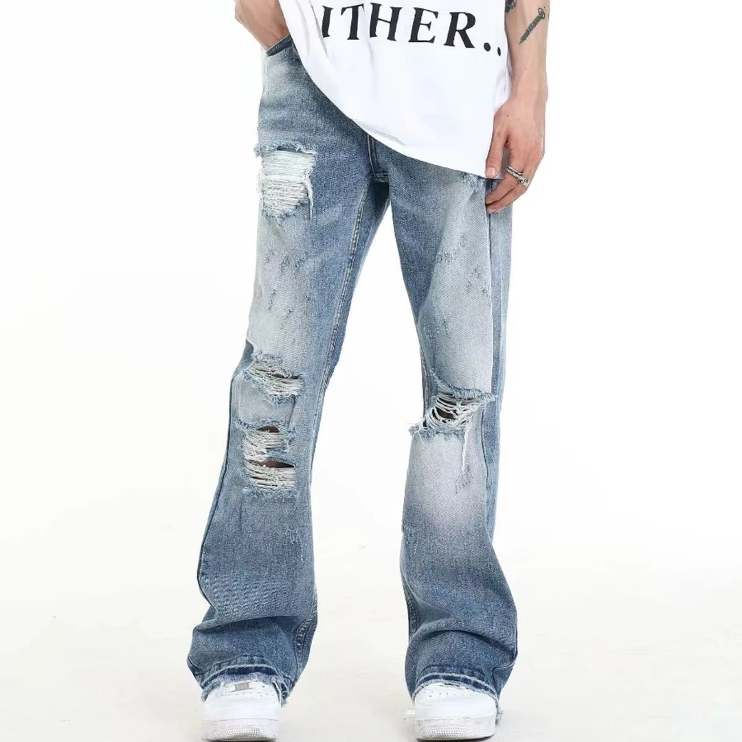 美式高街阔腿宽松直筒破洞牛仔裤男女夏季薄款休闲透气垂感长裤子