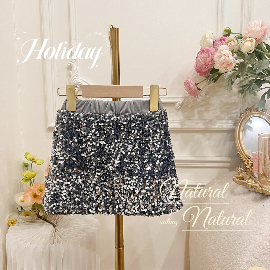 【Qi奇妈】女童儿童宝宝丝绒加厚针织女宝秋冬加绒亮片裙Q0491