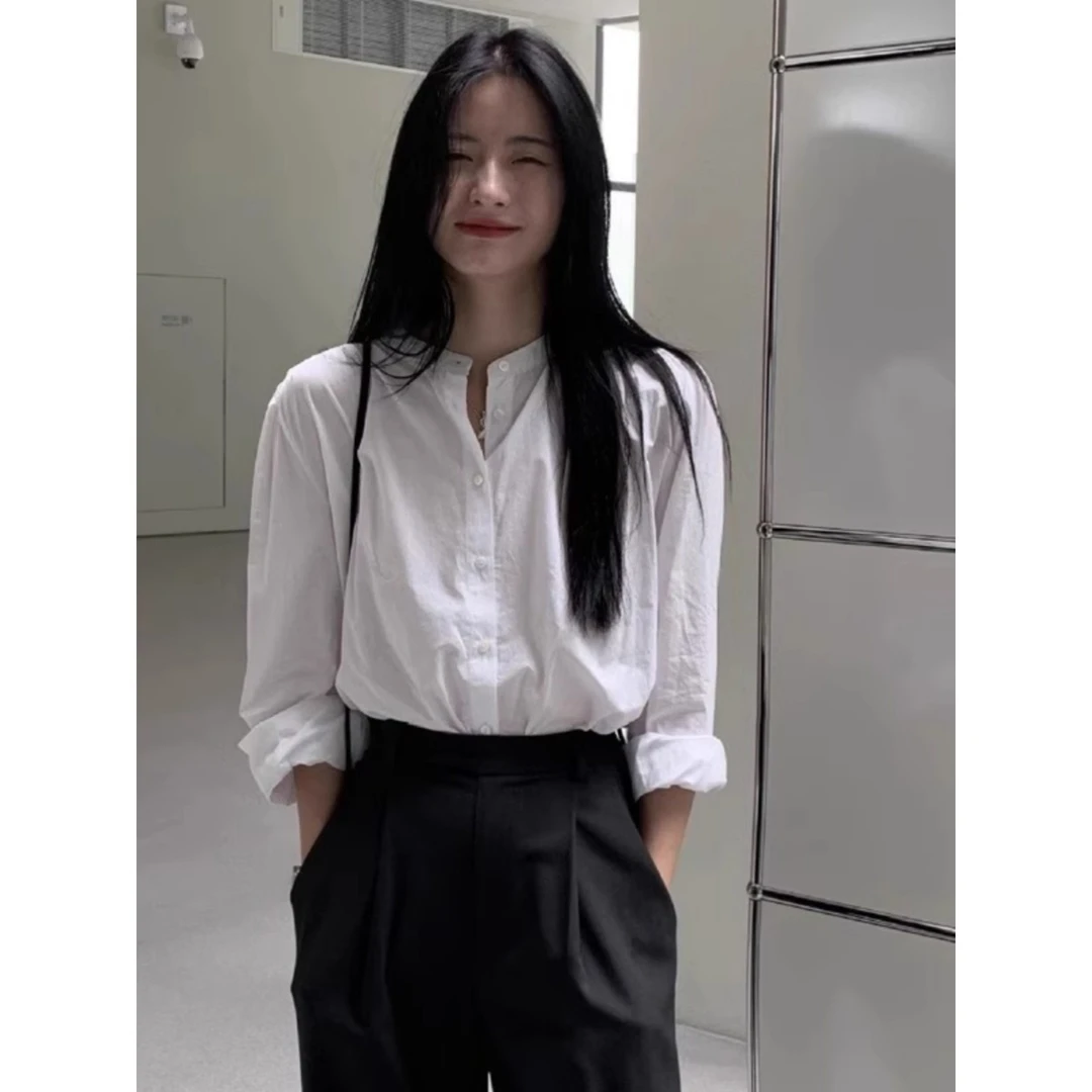 韩国通勤女立领白衬衫2025春秋季休闲圆领上衣宽松长袖棉衬衫