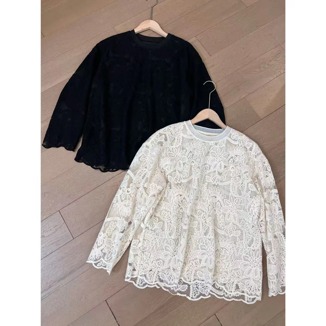 欧尼私服 2025春款不规则下摆欧根纱拼接领口蕾丝衫2502C349