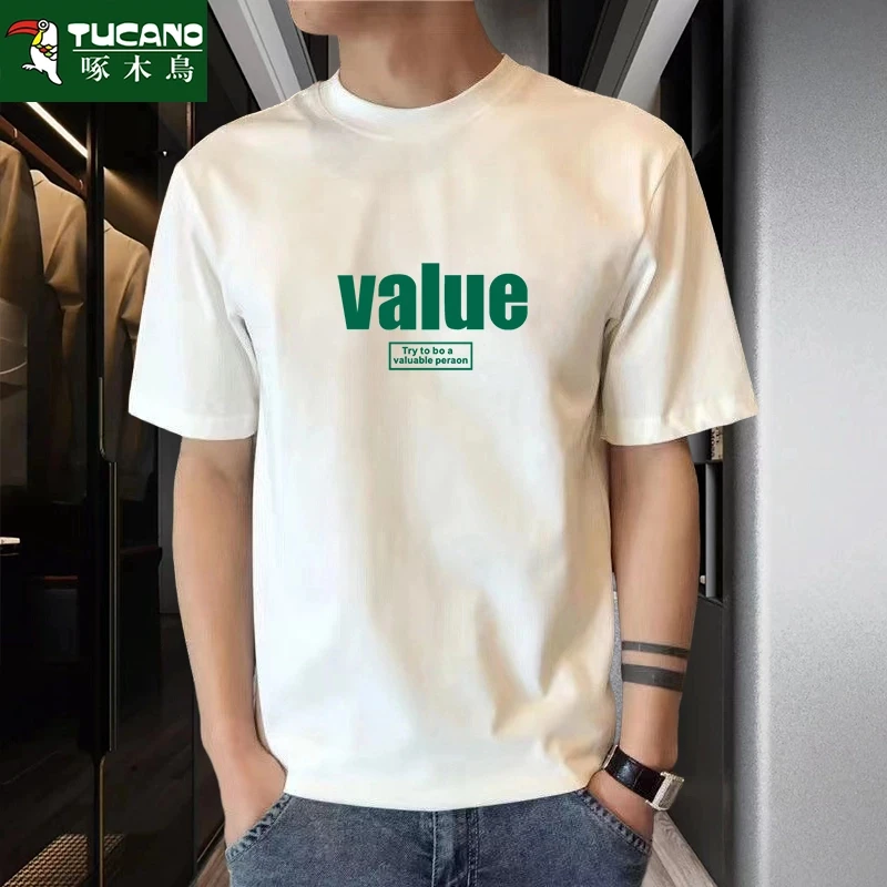 啄木鸟2025夏季重磅纯棉t恤男潮流全棉t百搭学生圆领印花半袖体恤