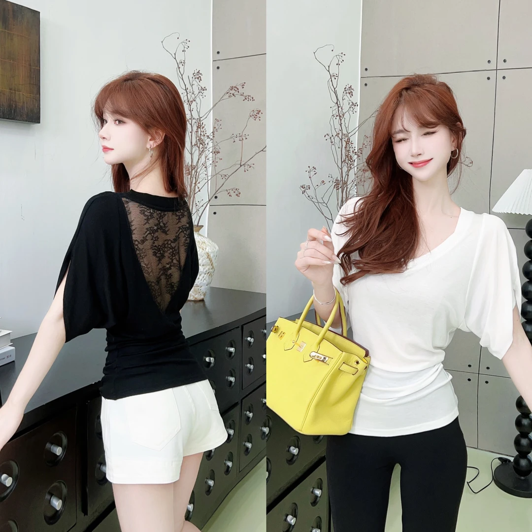 【季风氧感】露背蕾丝设计感正肩短袖T恤女独特好看上衣8656