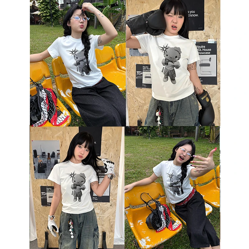 美式复古HelloKitt正肩短袖T恤女夏季白色卡通印花显瘦百搭半袖潮