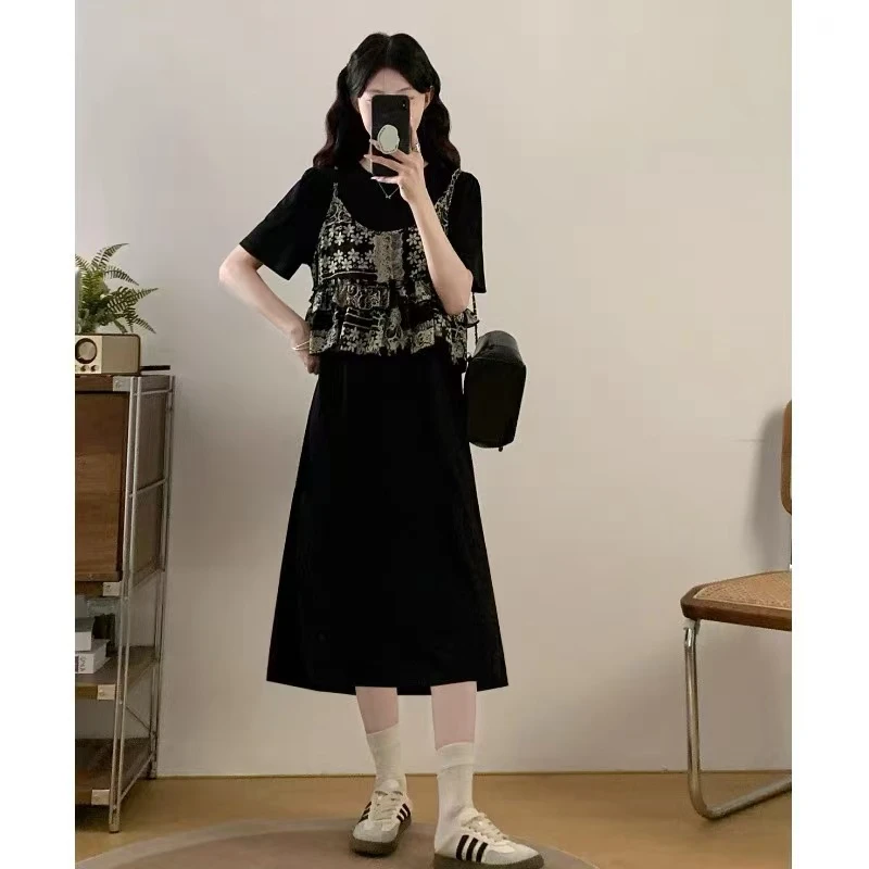 潼潼家【波尔图】短袖显瘦气质夏季黑色复古减龄拼接连衣裙