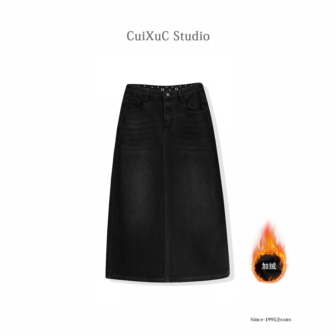 四面弹-植绒·后开叉品牌-A字牛仔裙秋冬保暖高腰显瘦内紧腰