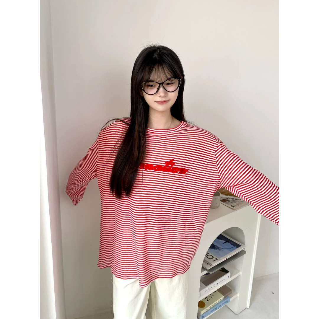 【满分松弛】春夏时尚百搭简约休闲舒适红色条纹长袖