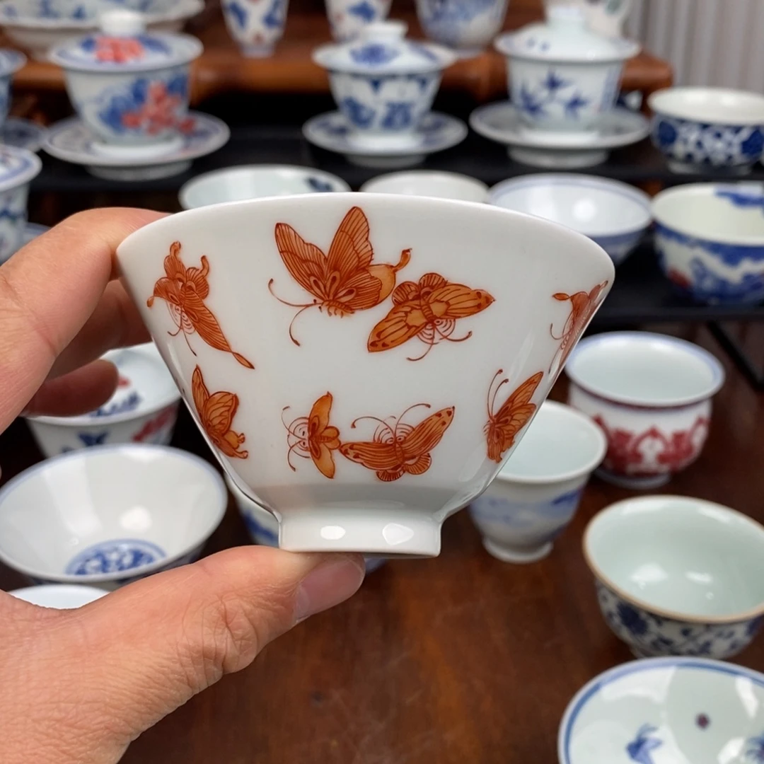 矾红蝴蝶纹斗笠杯100ml