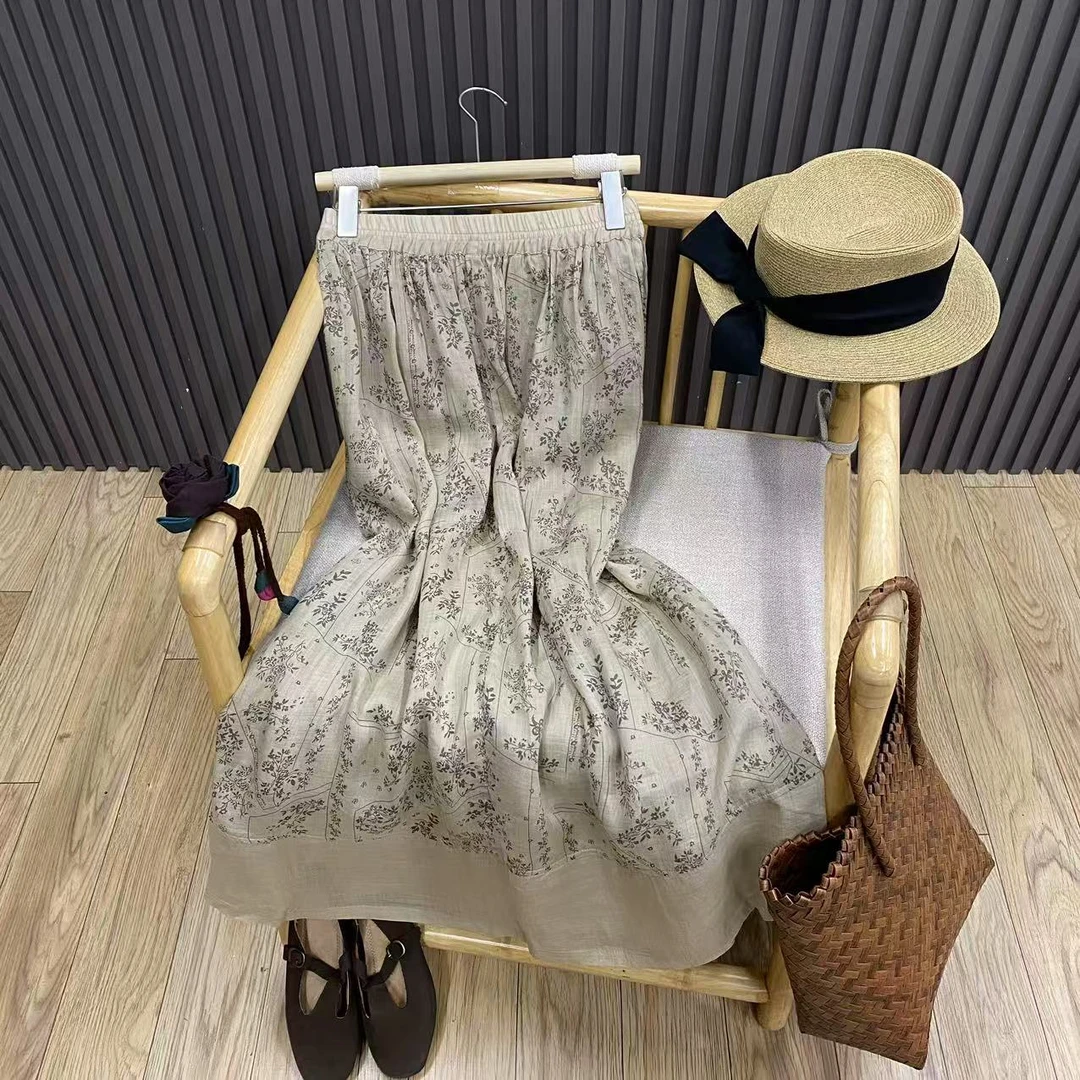 复古苎麻印花高腰半身裙宽松百搭显瘦内衬中长款A字裙女Q5432