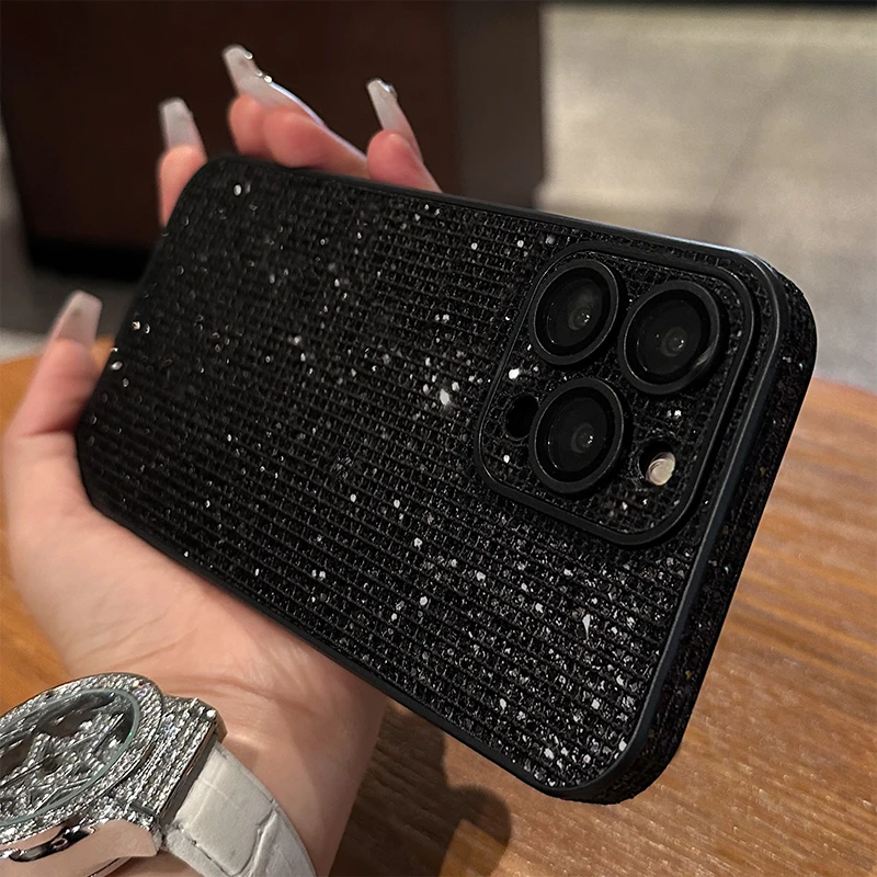 闪钻黑色亮片适用苹果16手机壳iphone15pro皮纹套14高级13配件max