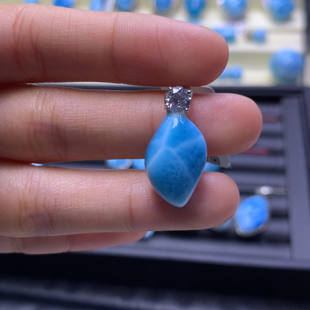 针钠钙石（海纹石）银S925镶嵌吊坠(不含链)叶子吊坠色差略异