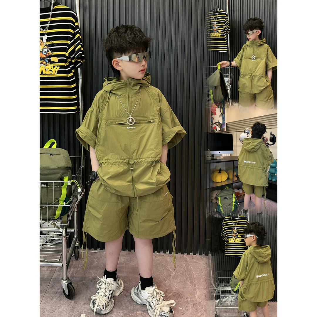 蛋蛋家【橄榄绿】夏季新款儿童橄榄绿防晒连帽短袖2025年款衣服儿童