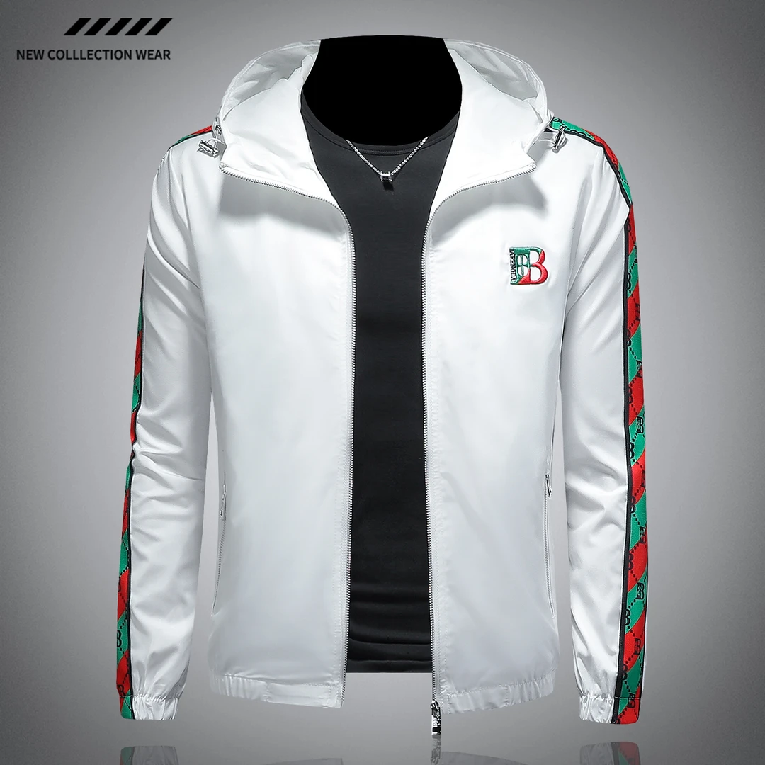 新款高端潮牌字母刺绣外套男士秋季薄款痞帅休闲连帽夹克男款上衣