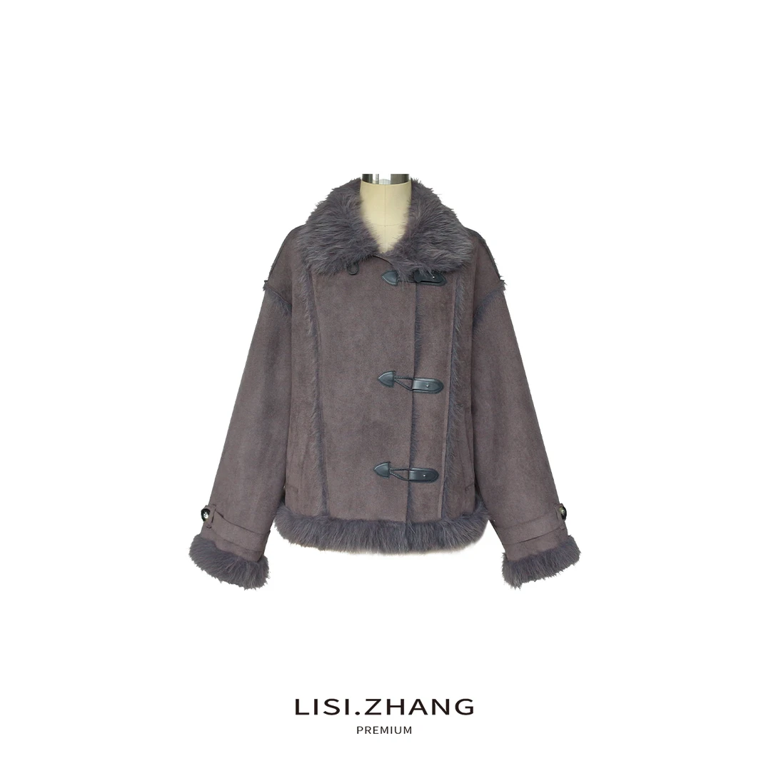 LISI.ZHANG--【机车毛毛外套】经典版皮扣高阶灰气质典雅毛呢外套